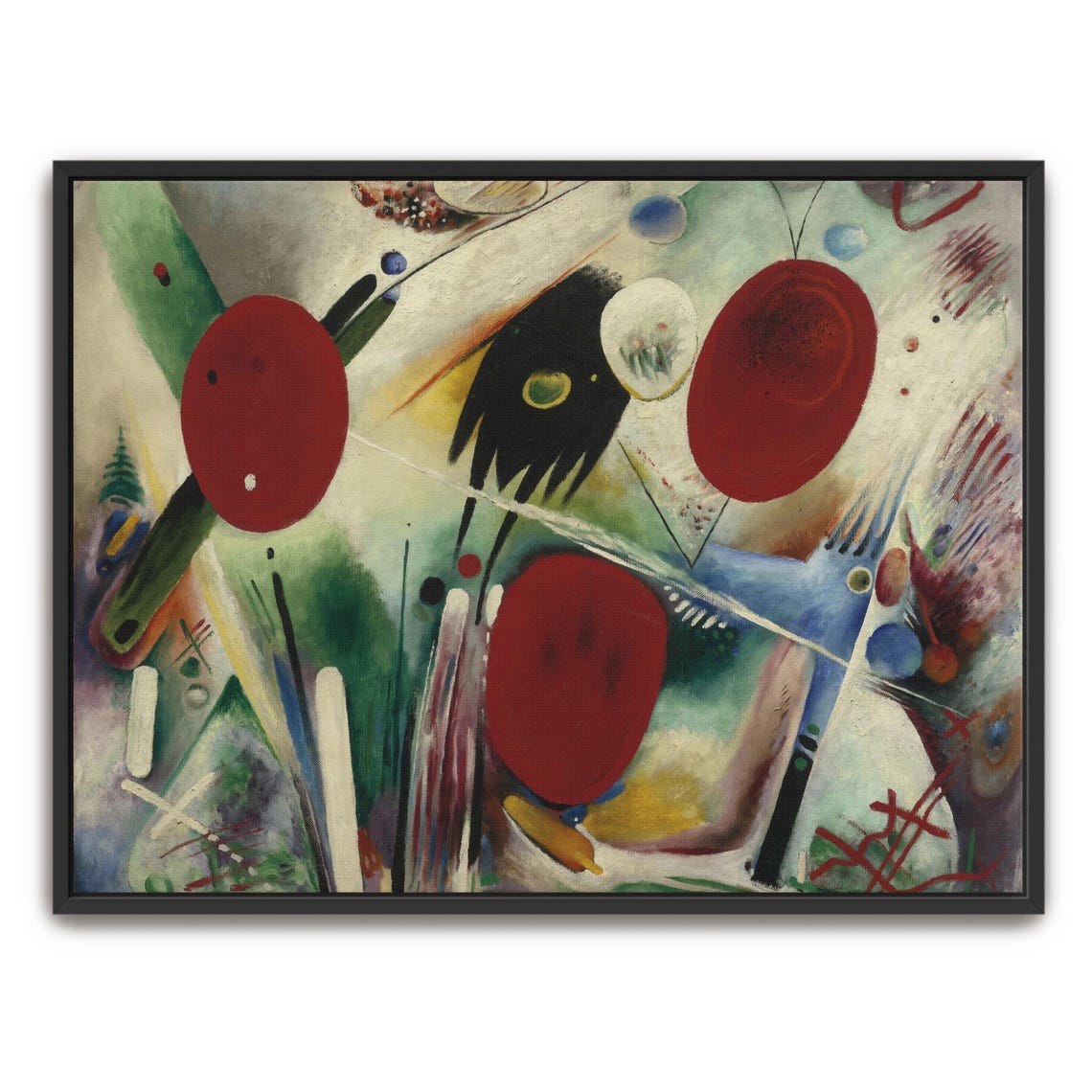 Abstract Red Circles With Floating Geometric Elements Poster