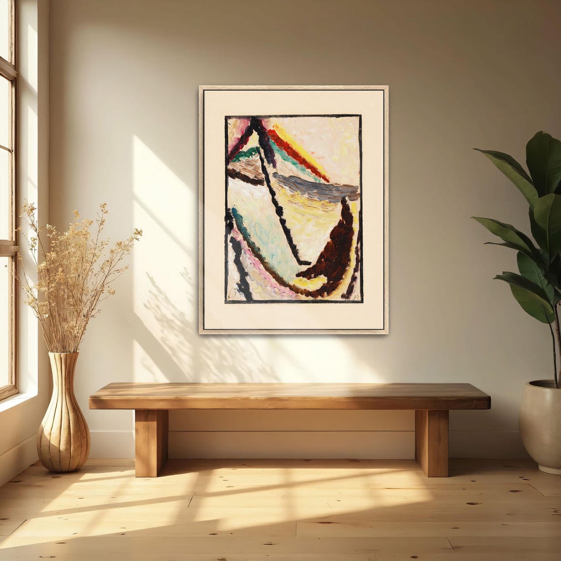 Abstract Painting With Curved Forms In Brown White And Red Print - Image 4