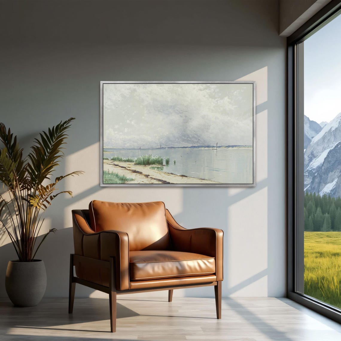Misty Seascape with a Distant Sailboat Calm Gray Coastal Poster - Image 3