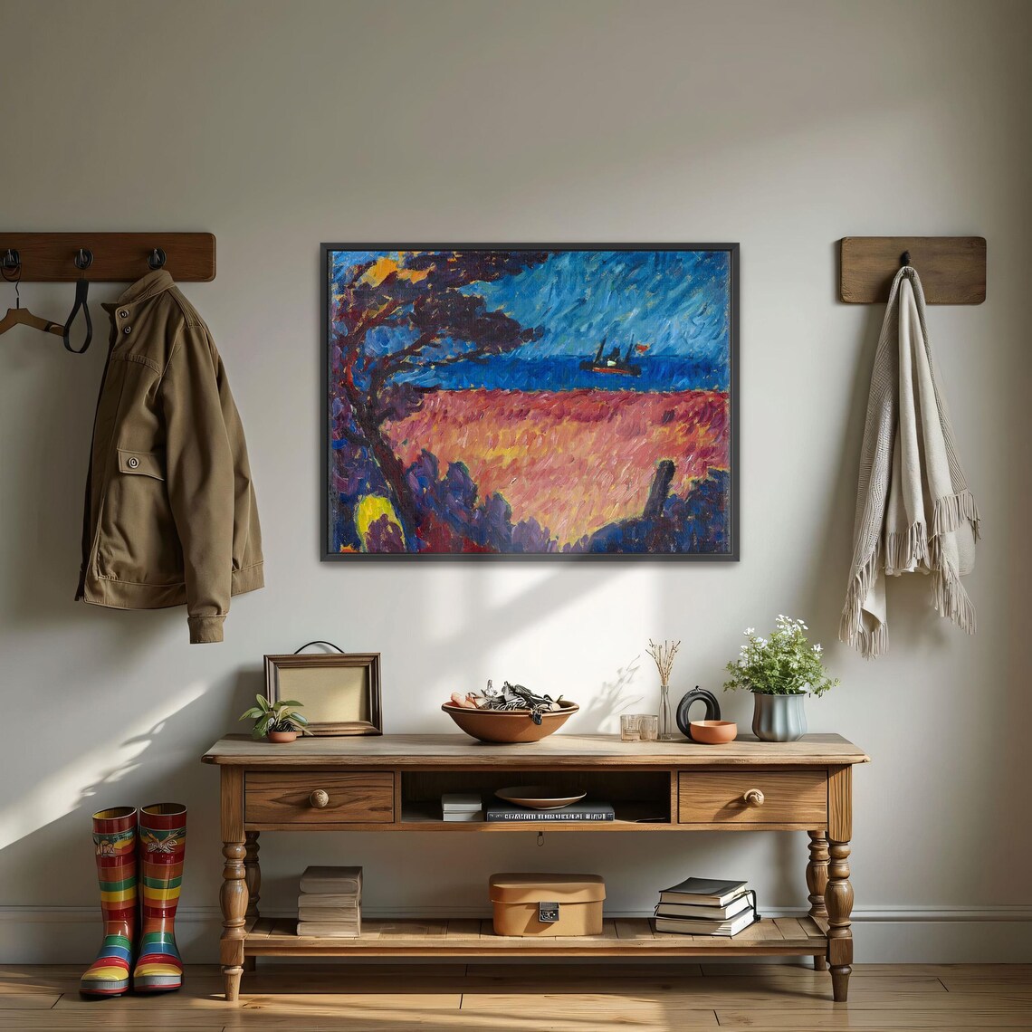 Framed Wall Art Of Seascape With Tree And Ship Landscape Wall Art Blue And Red Entryway Artwork Bohemian Oil Painting Abstract Art - Image 3