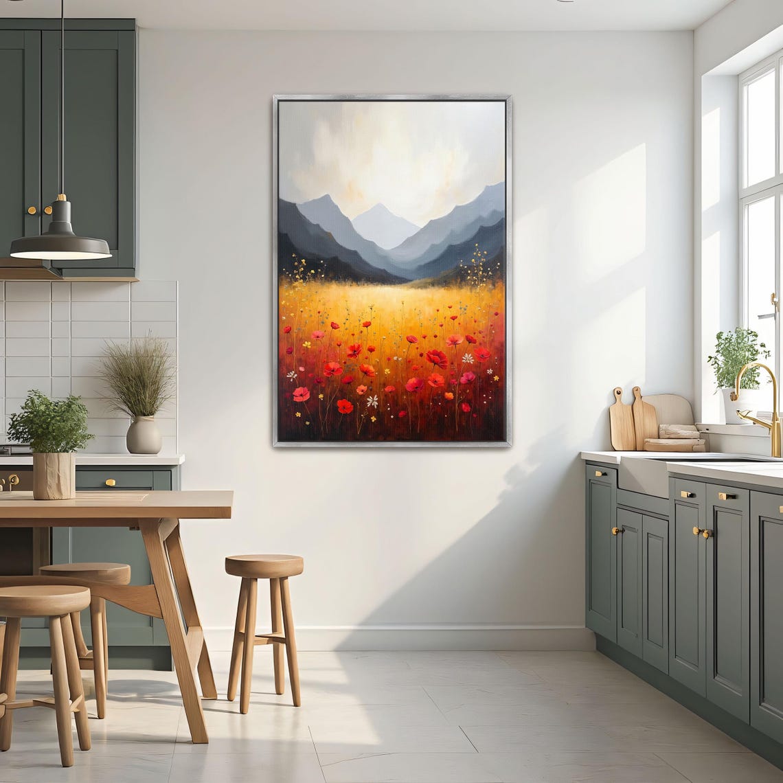 Golden Mountain Meadow with Red Poppies Rustic Landscape Poster - Image 2