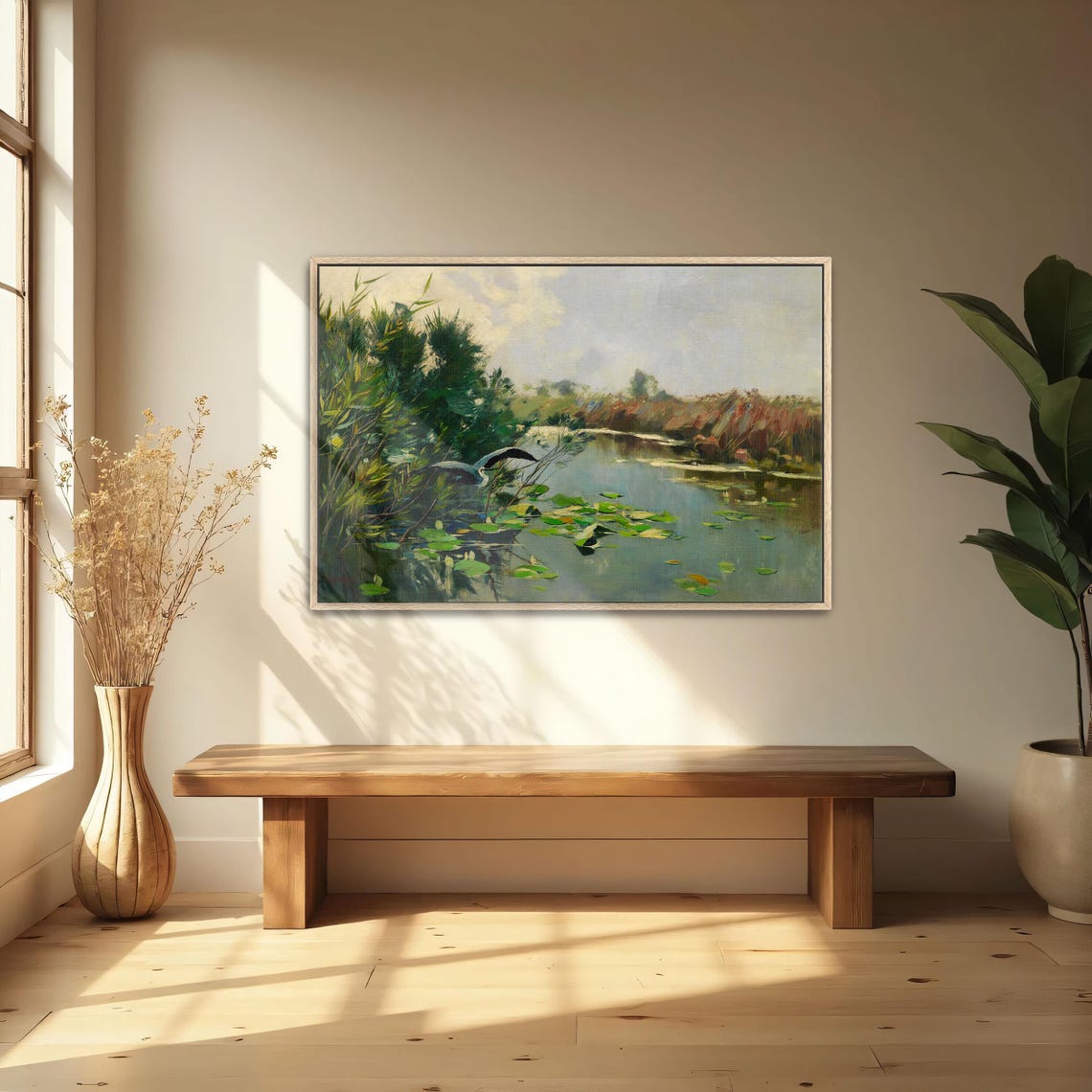 Heron in Flight Over a Lily Marsh Serene River Landscape Poster - Image 5