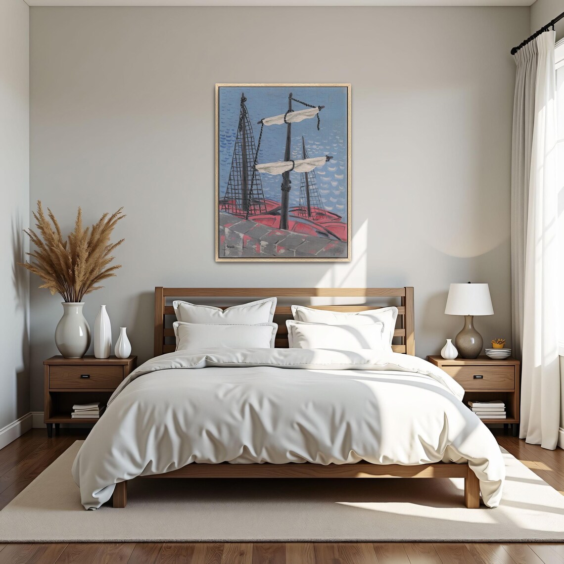 Naive Painting Of Two Red Fishing Boats Moored At The Dock Poster - Image 4