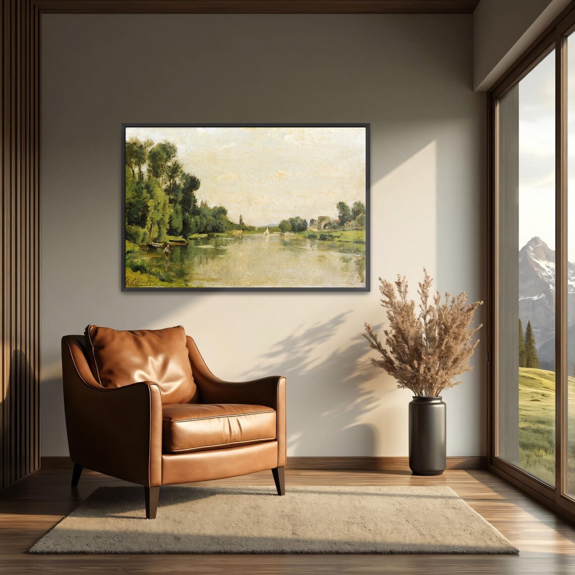 Framed Print Of River Scene With Trees And Boat Landscape Print Green And Brown Entryway Artwork Rustic Oil Painting - Image 3