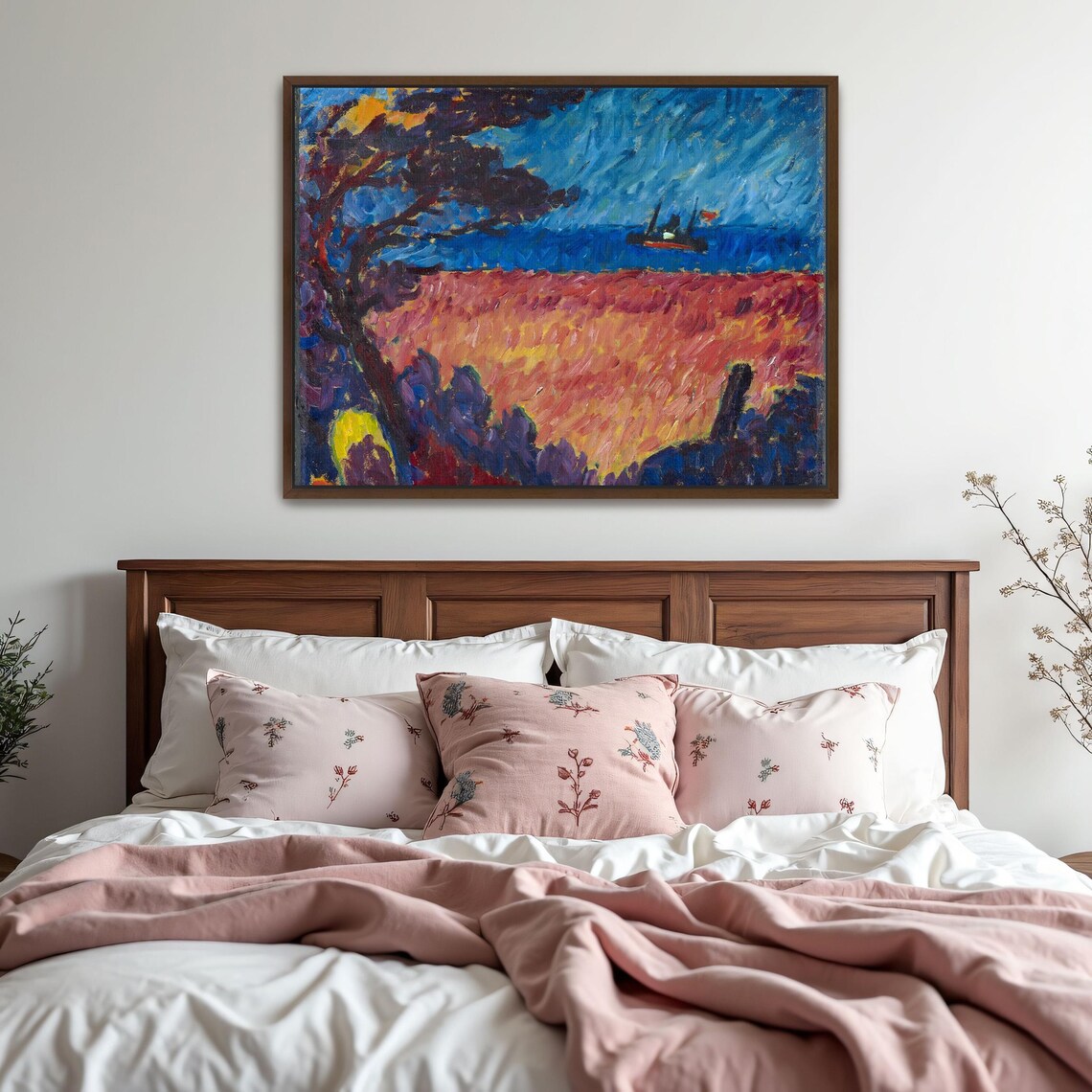 Framed Wall Art Of Seascape With Tree And Ship Landscape Wall Art Blue And Red Entryway Artwork Bohemian Oil Painting Abstract Art - Image 5