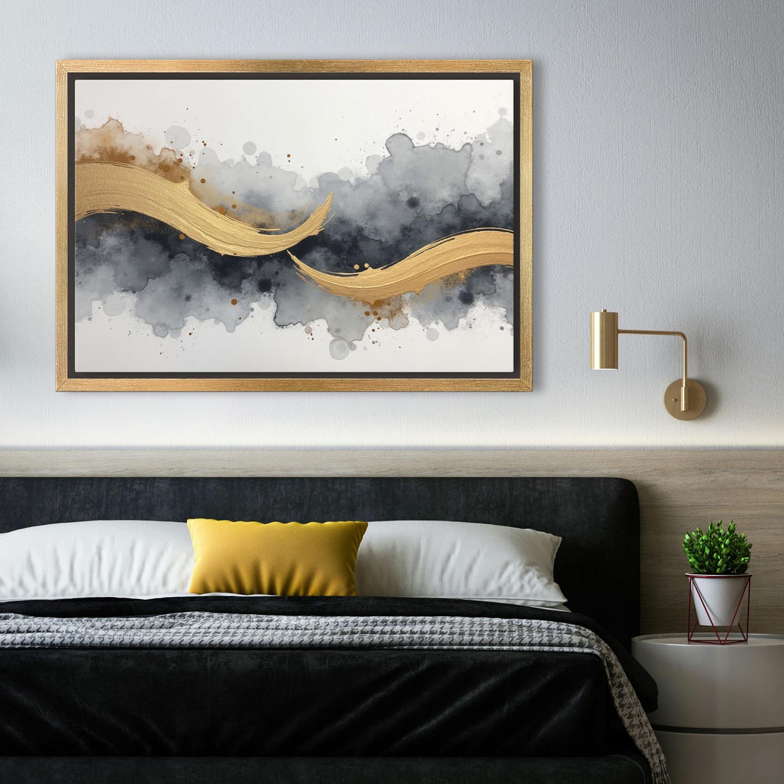 Twin Gold Brushstroke Ribbons Gliding Over Dark Ink Wash Poster - Image 4