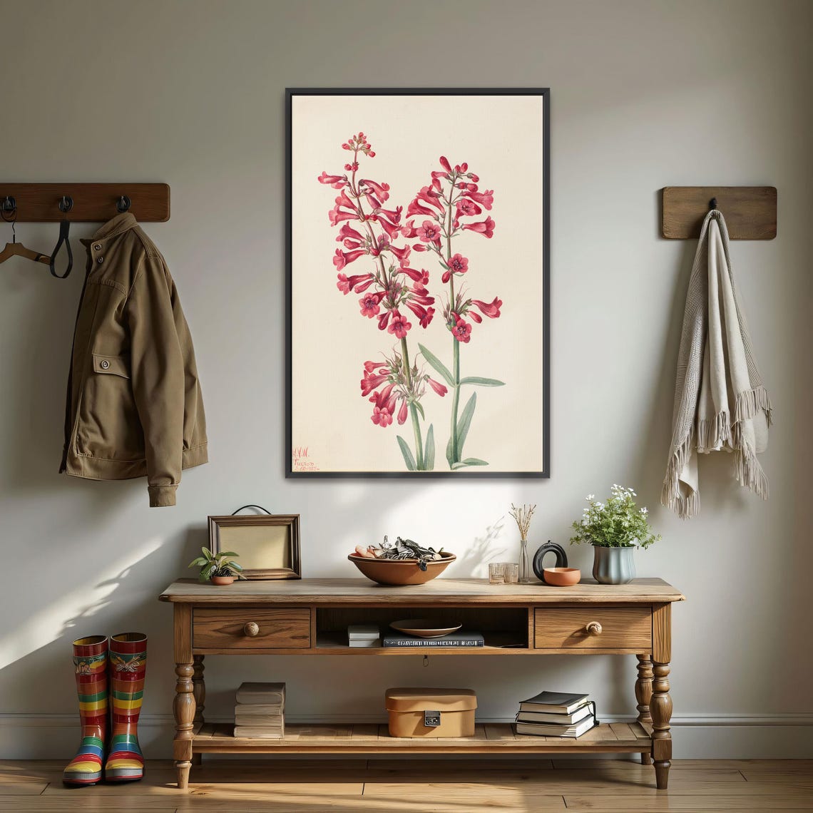 Pink Wildflower Trumpet Blossoms Watercolor Botanical Study Art Poster