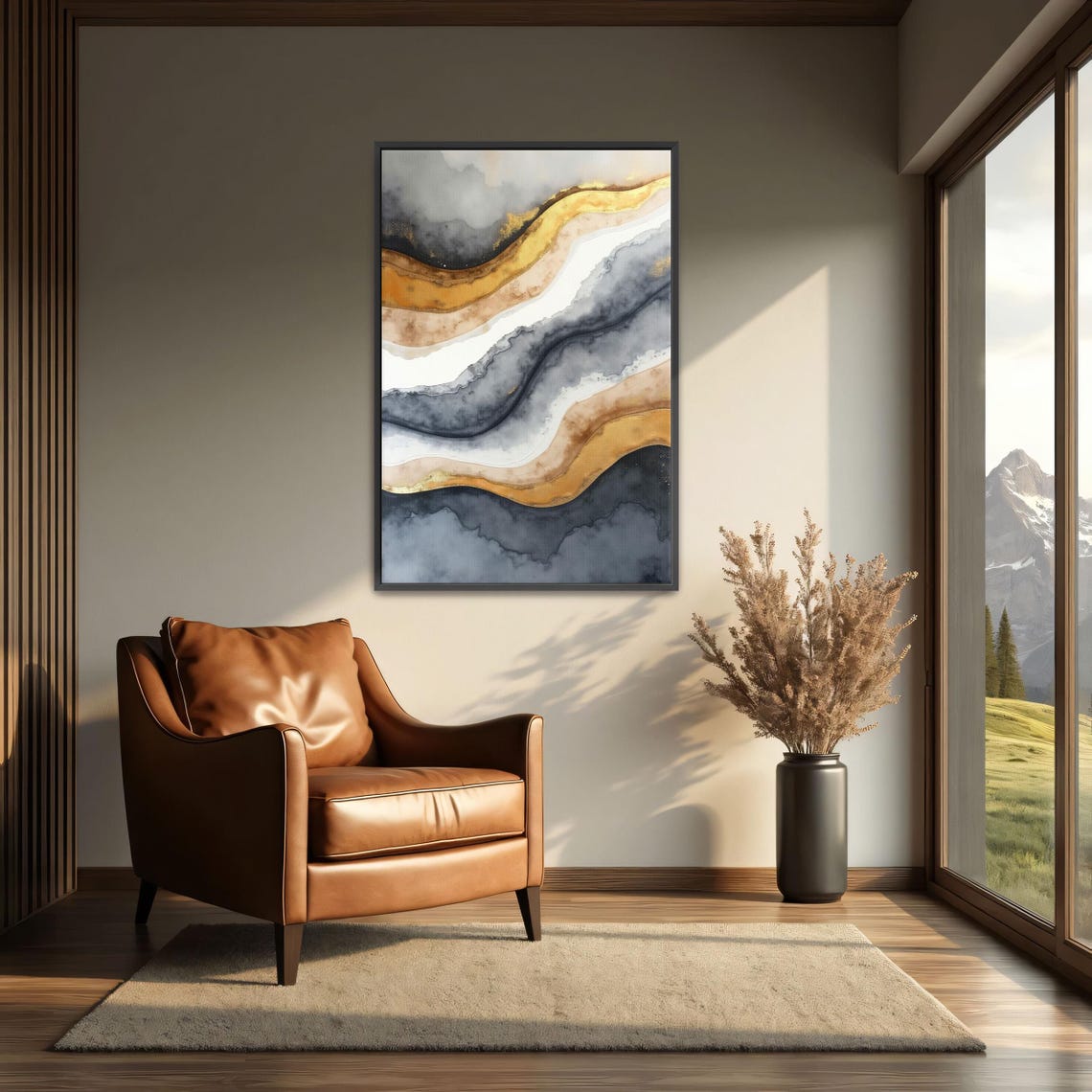Gold And Grey Horizontal Watercolor Bands Abstract Modern Poster - Image 3