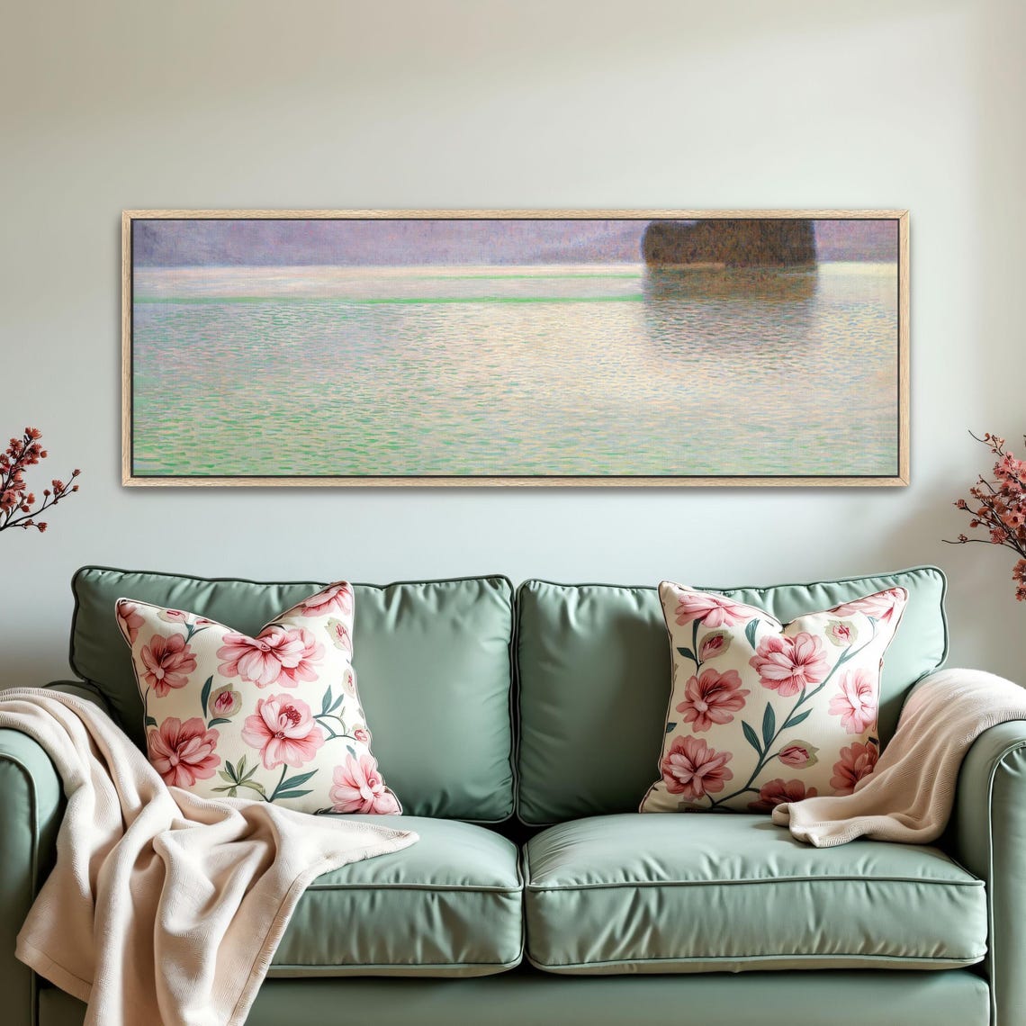 Misty Morning Lake Reflection Panoramic Landscape Painting Poster - Image 5