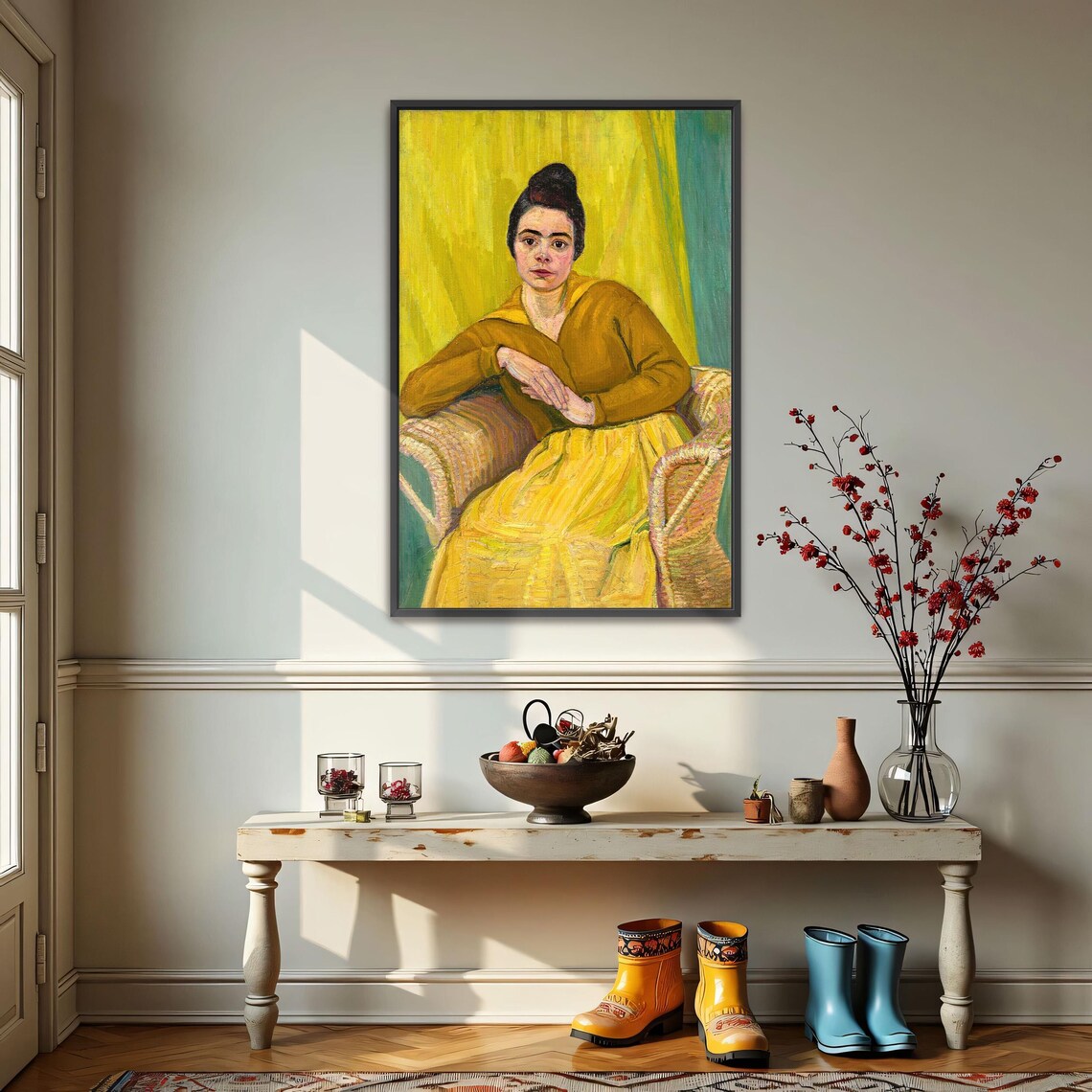 Woman In Yellow Dress Seated In Wicker Chair Expressionist Art Poster