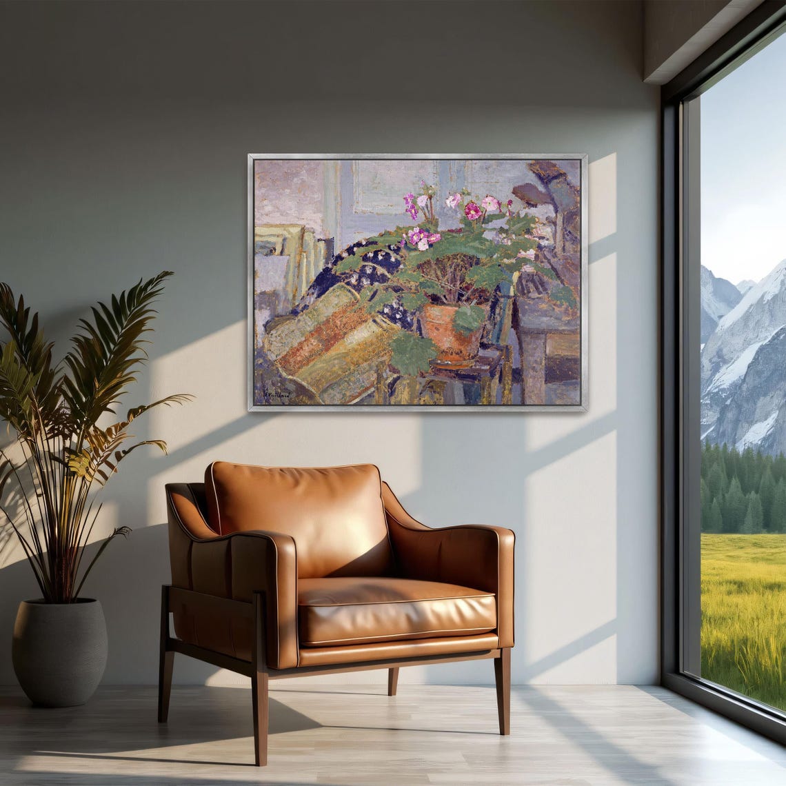Potted Pink Flowers by Window Impressionist Still Life Poster