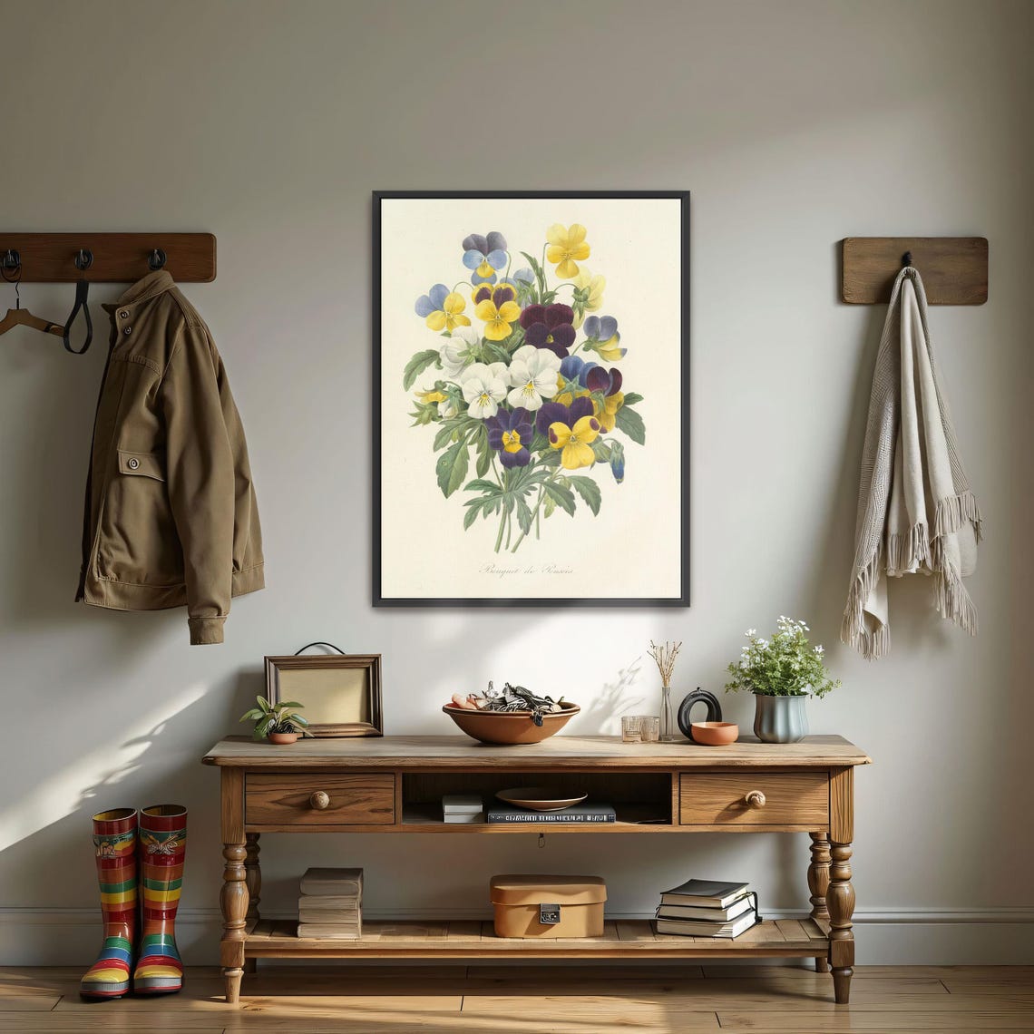 Vintage Pansy Bouquet Botanical Illustration Purple Yellow Poster