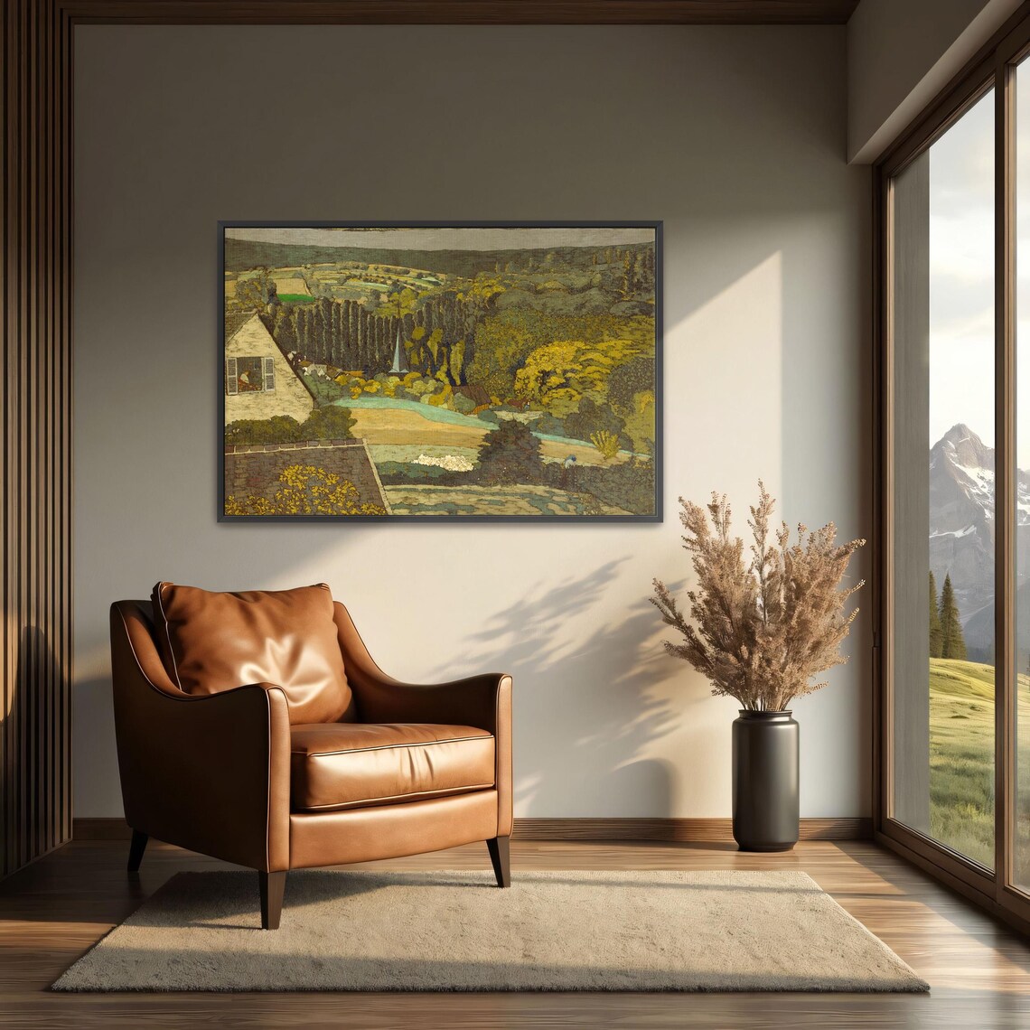 Large Framed Print Of A House With A Window Overlooking A Forest Landscape Fine Art Print Green And Brown Bedroom Decor - Image 4