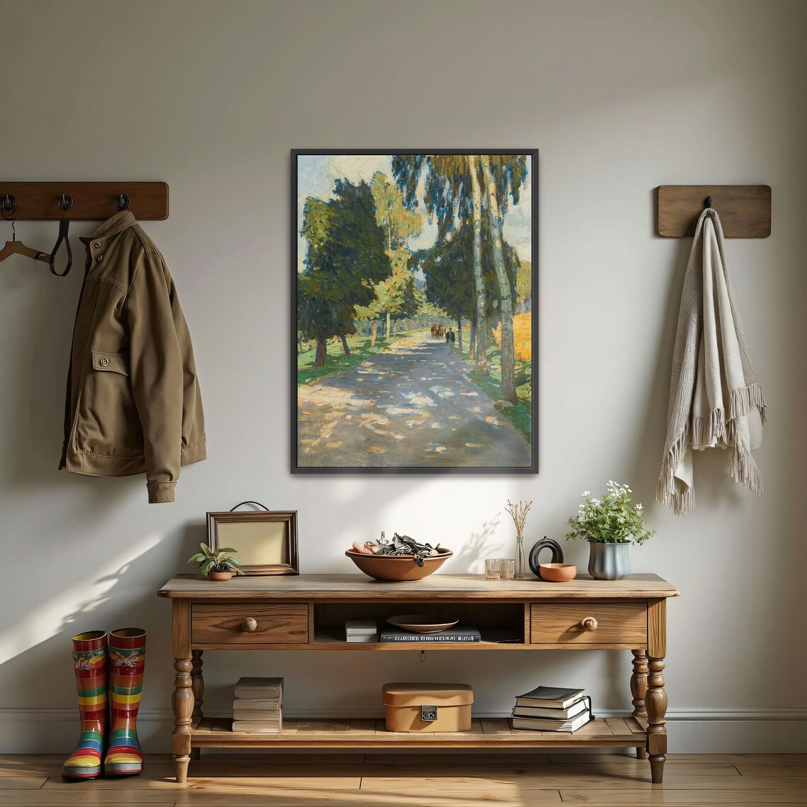 Framed Wall Art Of Sunlit Road Trees Figures Landscape Fine Art Print Green And Yellow Entryway Art Print Rustic Oil Painting