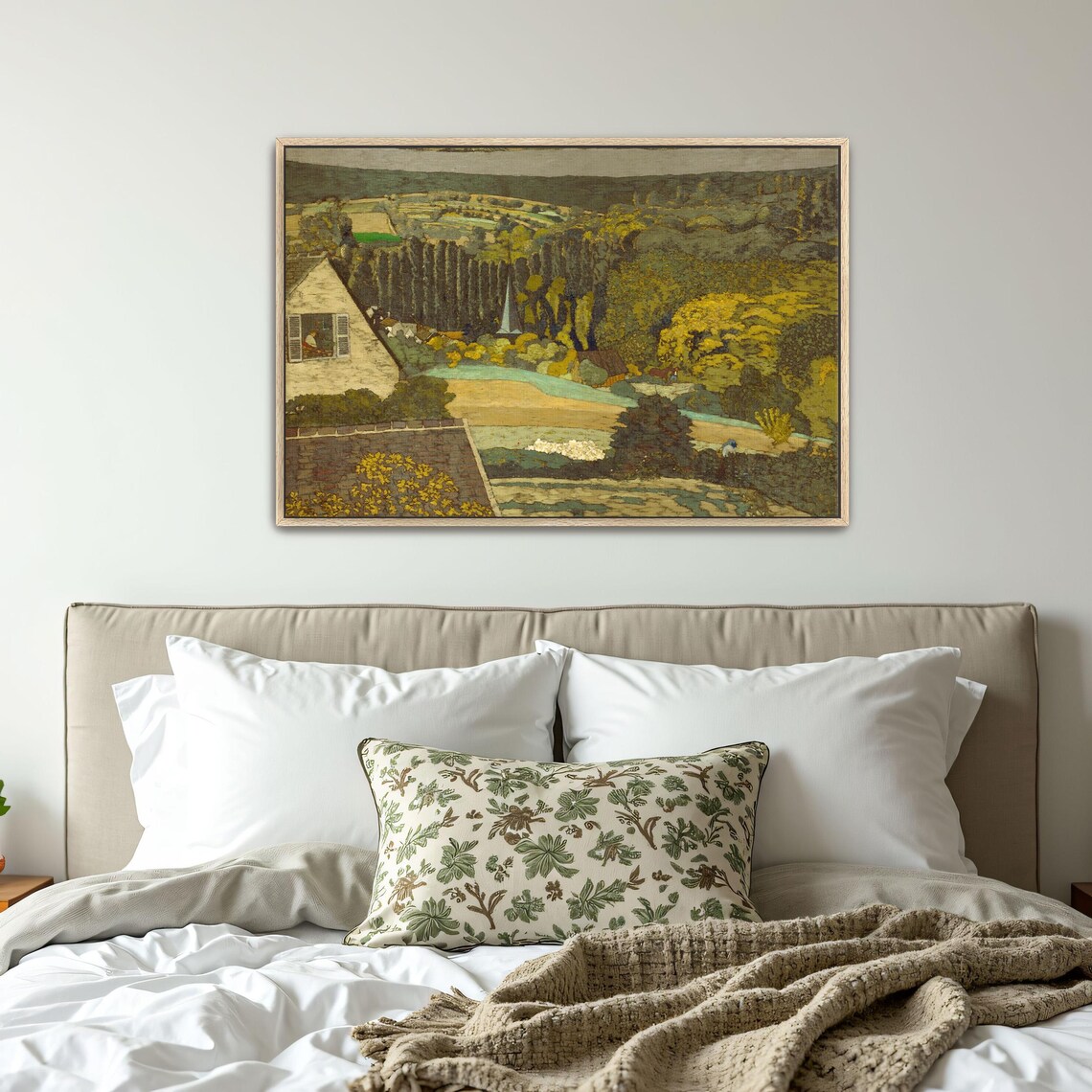 Large Framed Print Of A House With A Window Overlooking A Forest Landscape Fine Art Print Green And Brown Bedroom Decor - Image 5