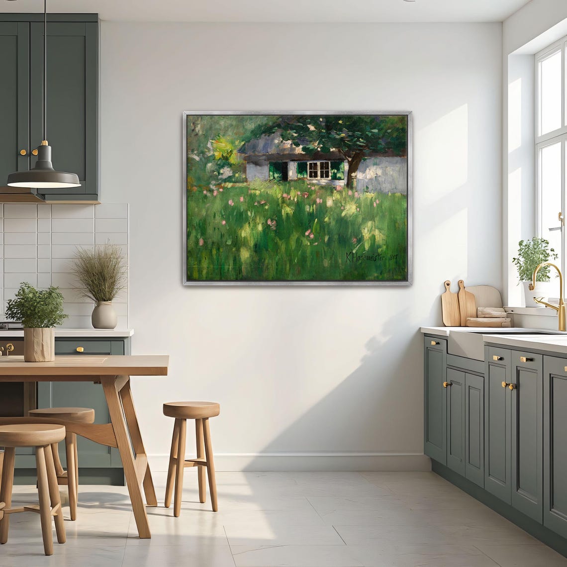 Cottage With Green Shutters in a Wildflower Meadow Art Print - Image 2