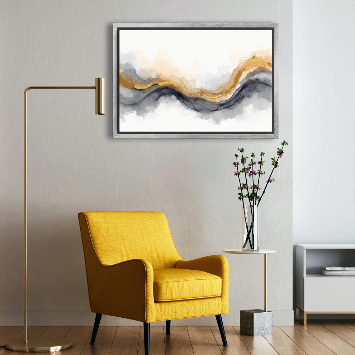 Looping Gold Glitter Arc Over Indigo Grey Watercolor Wash Poster - Image 5