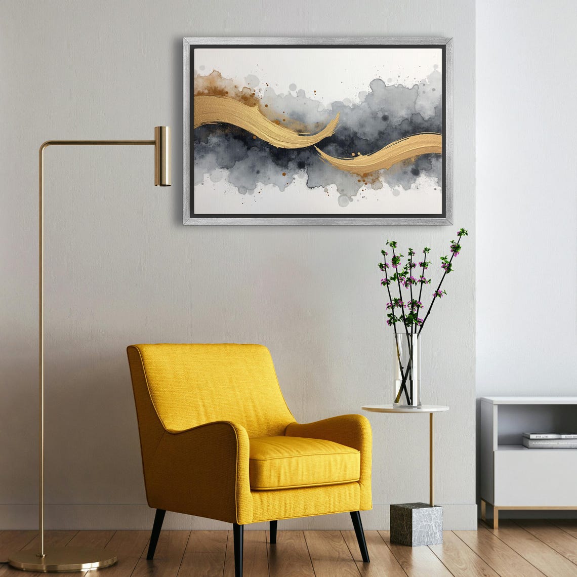 Twin Gold Brushstroke Ribbons Gliding Over Dark Ink Wash Poster - Image 5