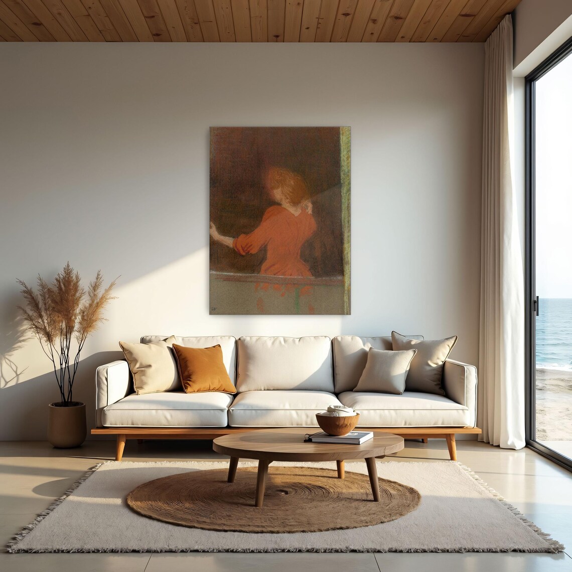 Woman in Red Dress Standing by a Window Pastel Painting Poster - Image 2