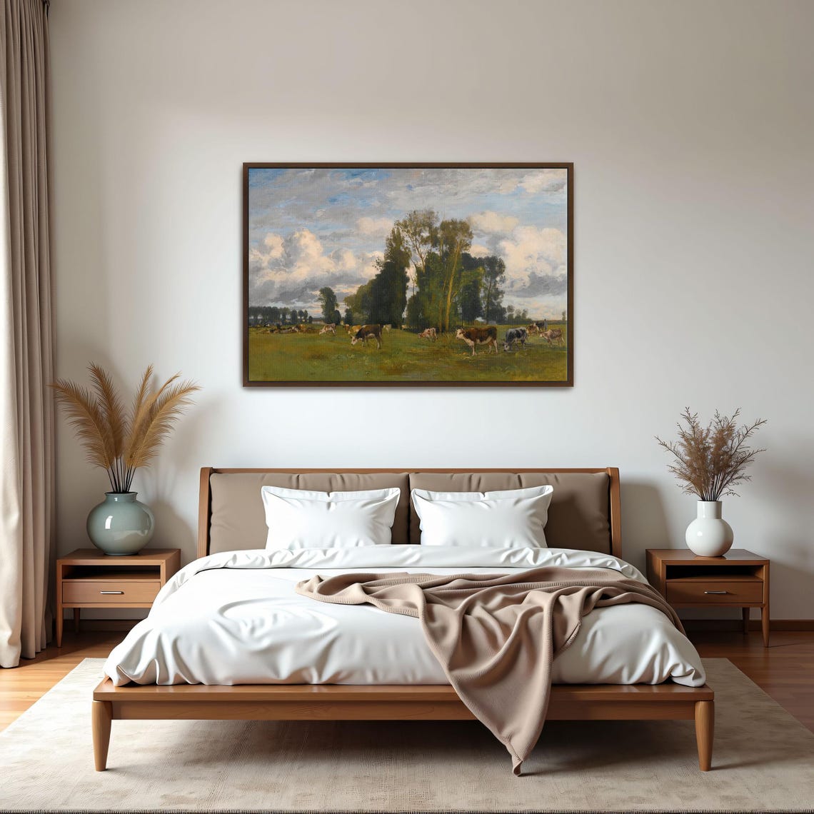 Cattle Grazing in a Green Meadow Under Tall Trees Vintage Art Print - Image 5