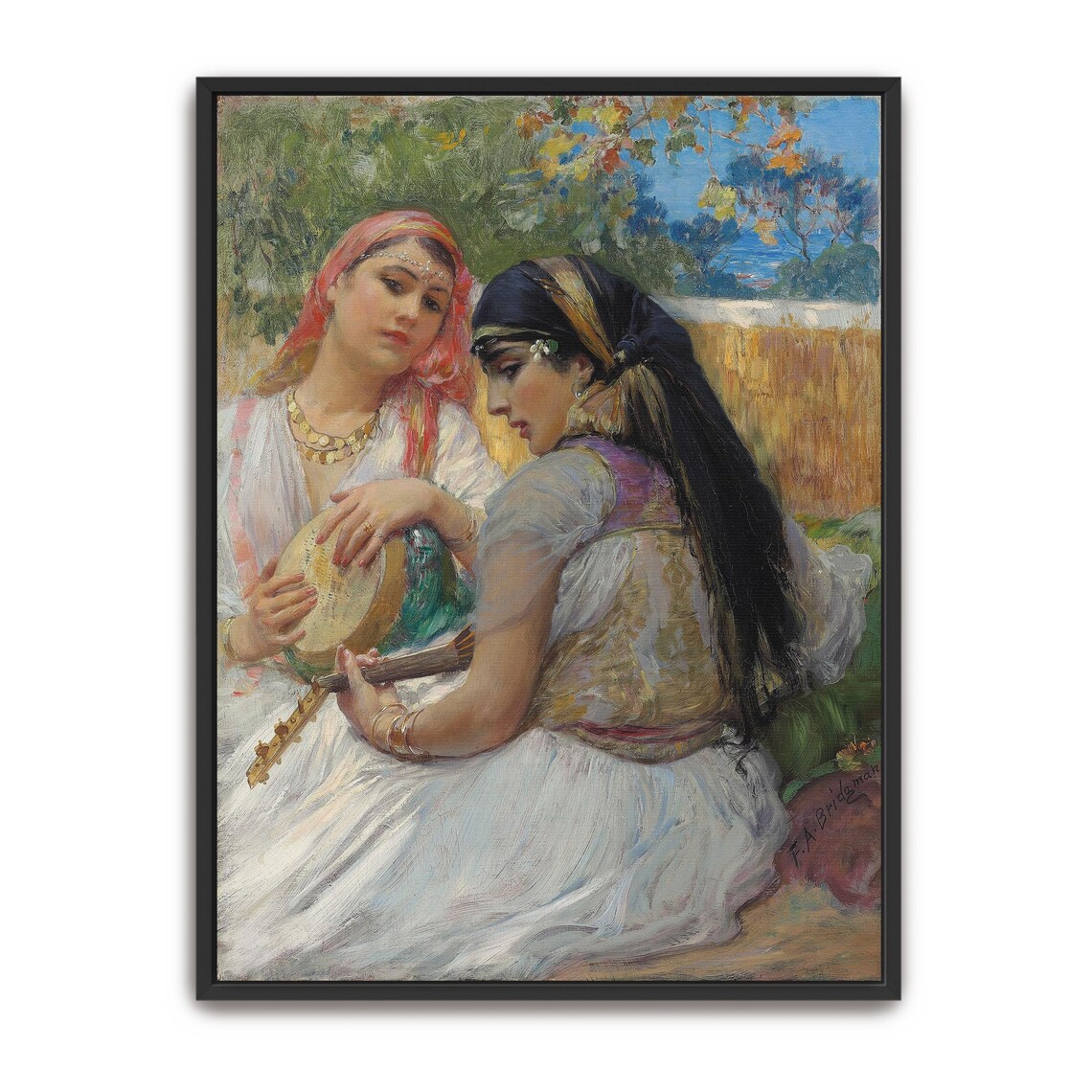 Framed Print Of Two Women Playing Music In A Garden Portrait Wall Art White And Green Entryway Decor Victorian Oil Painting
