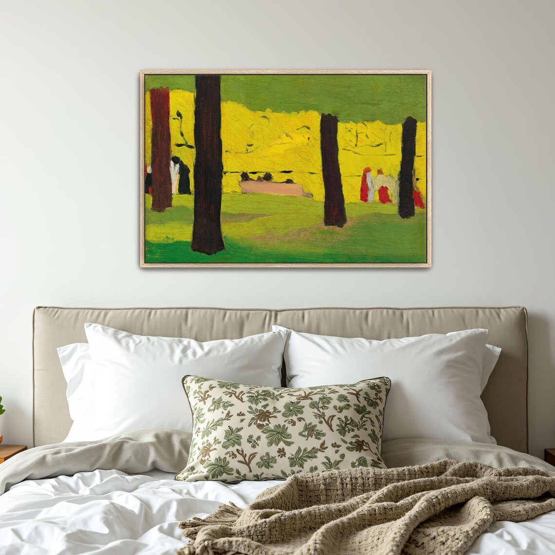 Framed Wall Art Of Park Scene With Figures And Trees Landscape Wall Art Green And Yellow Entryway Art Brown And Red Boho Print - Image 5