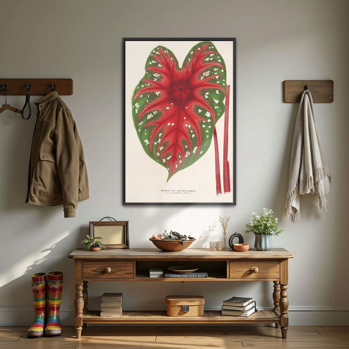Red And Green Caladium Leaf Botanical Illustration Vintage Art Poster - Image 3