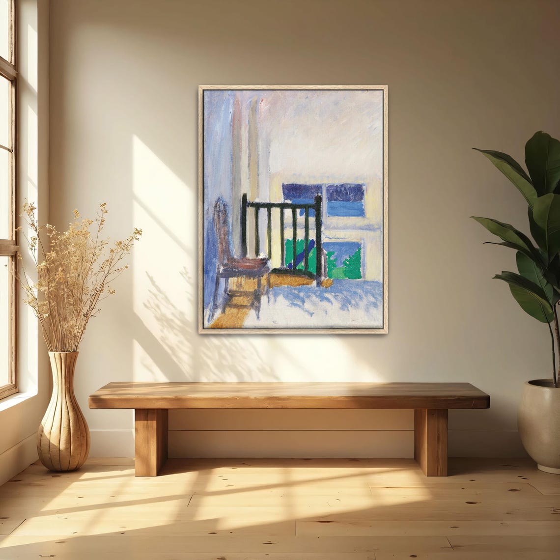 Large Framed Print Of Interior Scene With Chair And Stairs Geometric Fine Art Print Blue And White Entryway Decor