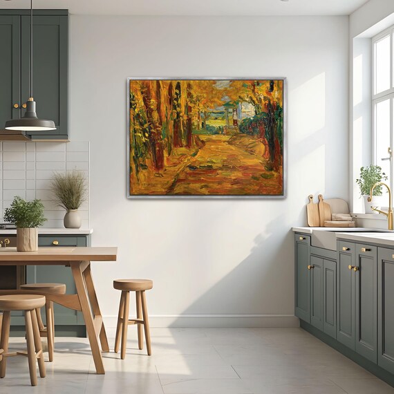 Large Framed Print Of Autumnal Forest Path Leading To A House Landscape Print Yellow And Orange Entryway Decor