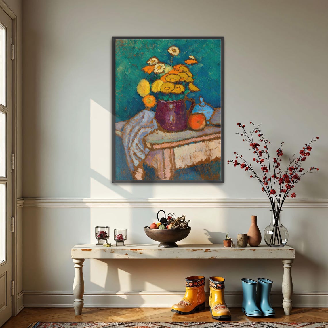 Yellow Flowers In A Purple Jug On A Table Still Life Painting Poster