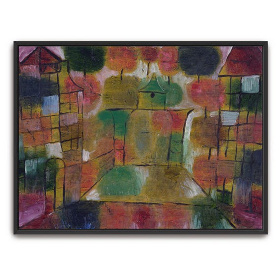Paul Klee Framed Print Abstract Painting Of Buildings With Trees Geometric Print Green And Yellow Entryway Art Print