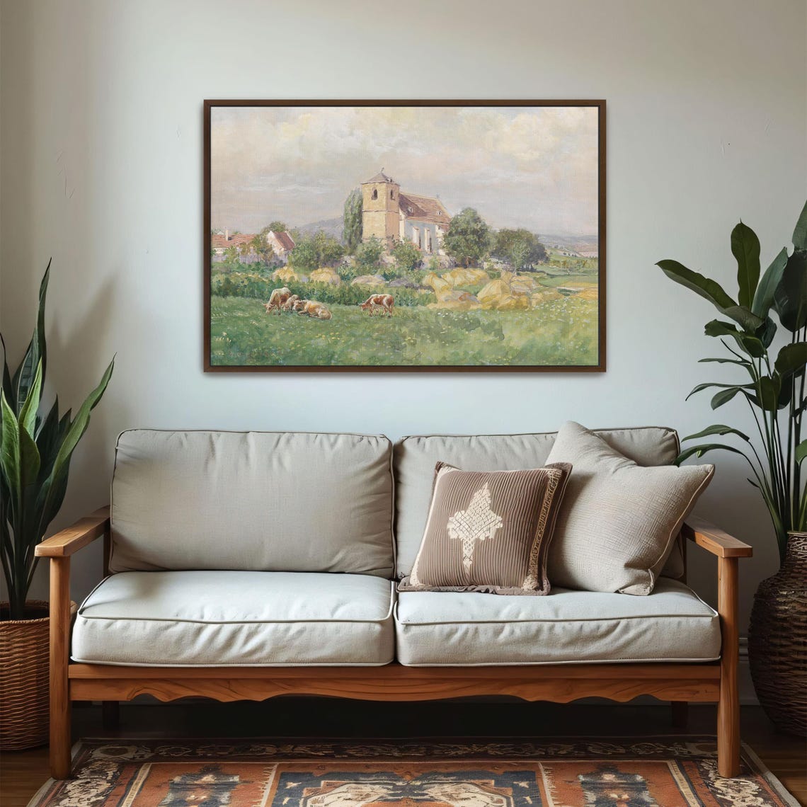 Village Church with Grazing Cows Pastoral Watercolor Scene Poster - Image 6