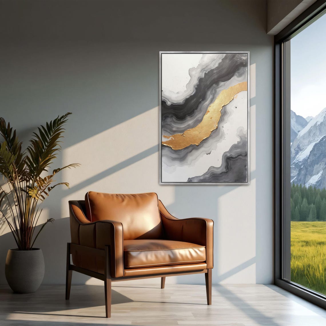 Diagonal Gold Ribbon Through Grey Marble Swirls Abstract Poster - Image 2
