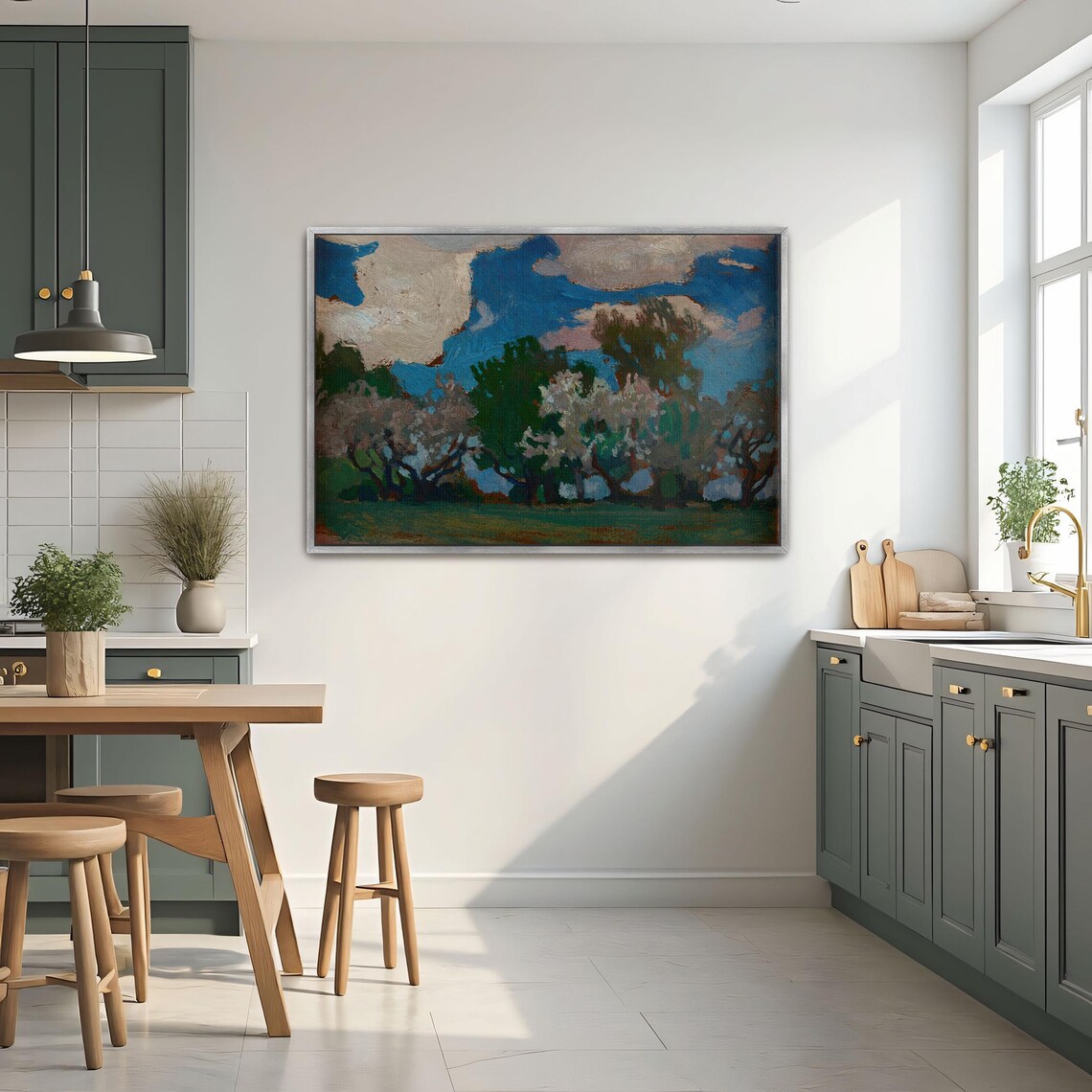 Framed Wall Art Of A Landscape Painting Of Trees In Bloom Landscape Print Green And Blue Entryway Decor Rustic Oil Painting - Image 2