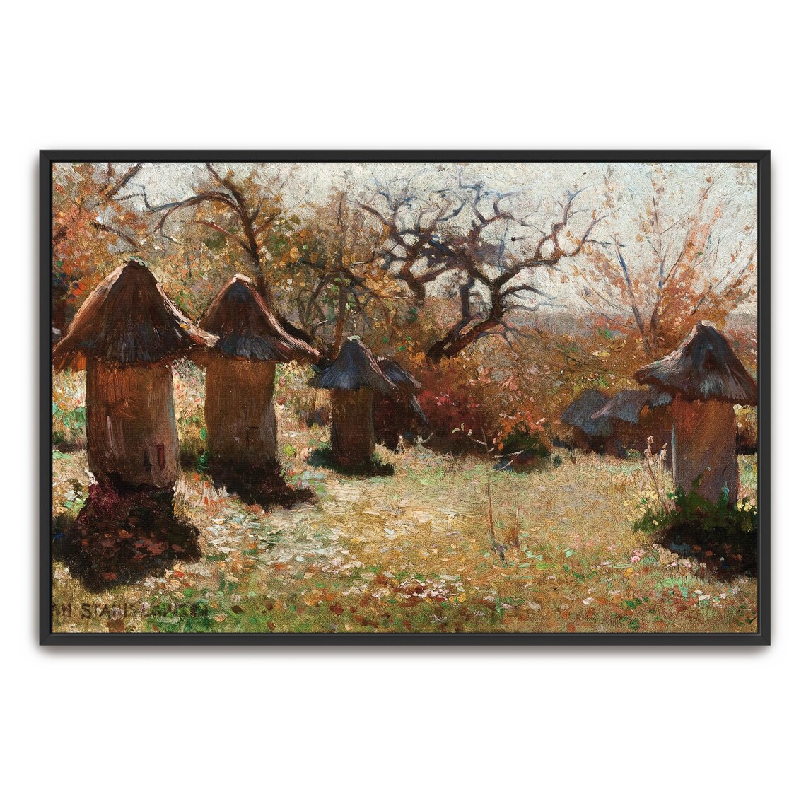 Framed Print Of Beehive Huts In A Forest Clearing Landscape Fine Art Print Brown And Green Living Room Artwork Boho Art Print