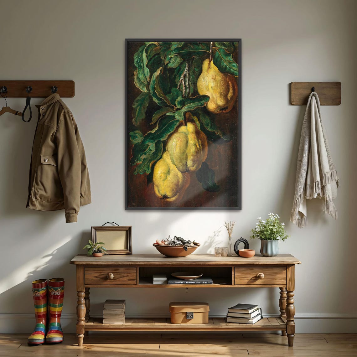 Quinces On Branch Dark Vintage Still Life Oil Painting Poster