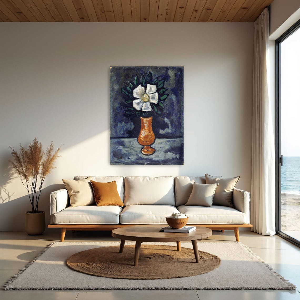 White Flower in an Orange Vase Modernist Still Life Painting Poster - Image 2