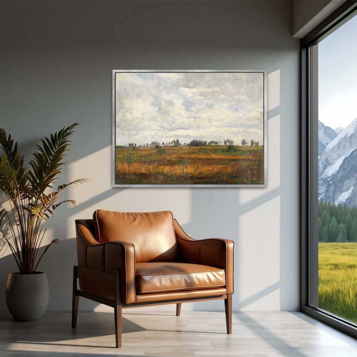 Framed Print Of Rural Landscape With Cloudy Sky Landscape Wall Art White And Blue Bedroom Artwork Rustic Oil Painting - Image 3