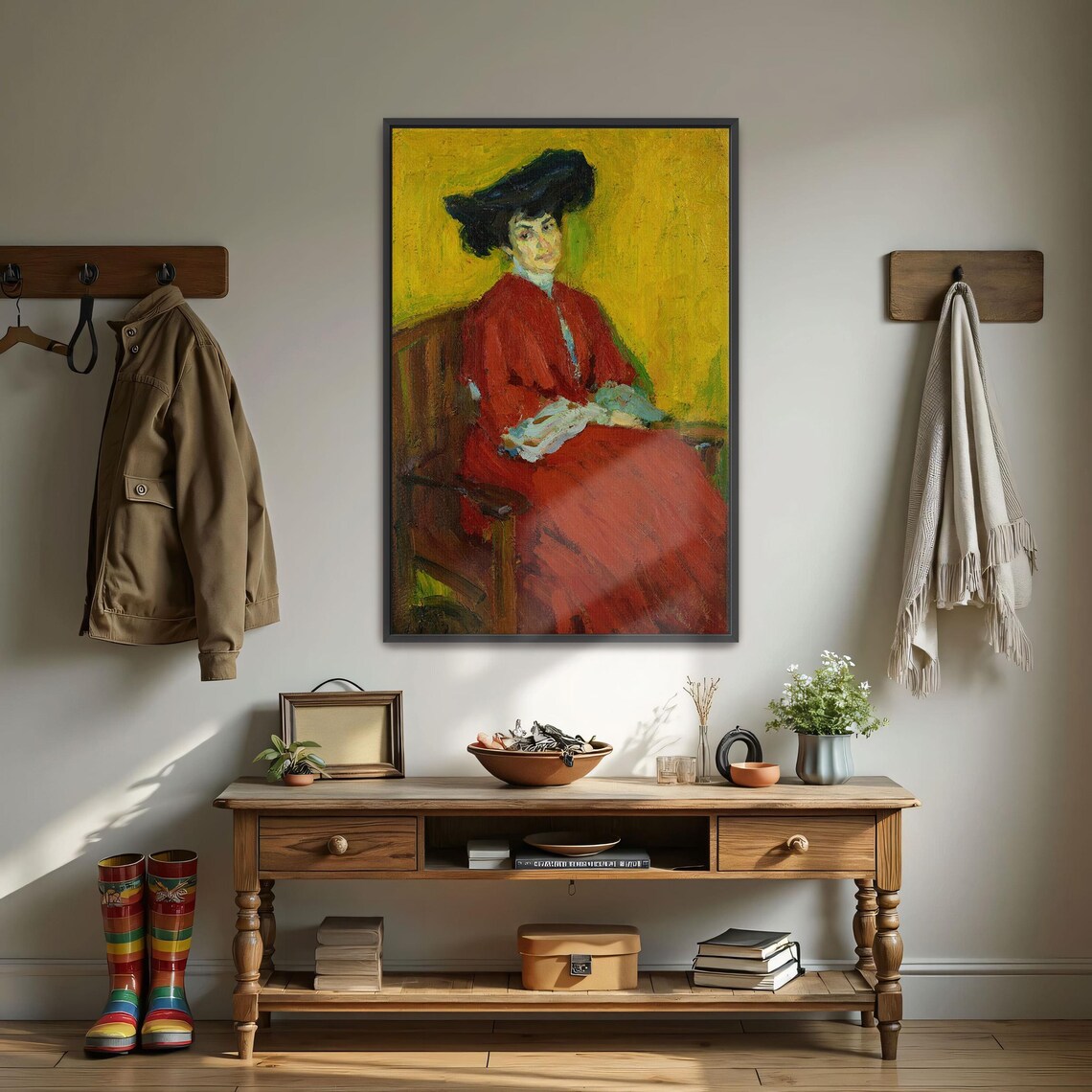 Woman In A Red Dress And Black Hat Seated On Bench Portrait Poster - Image 3