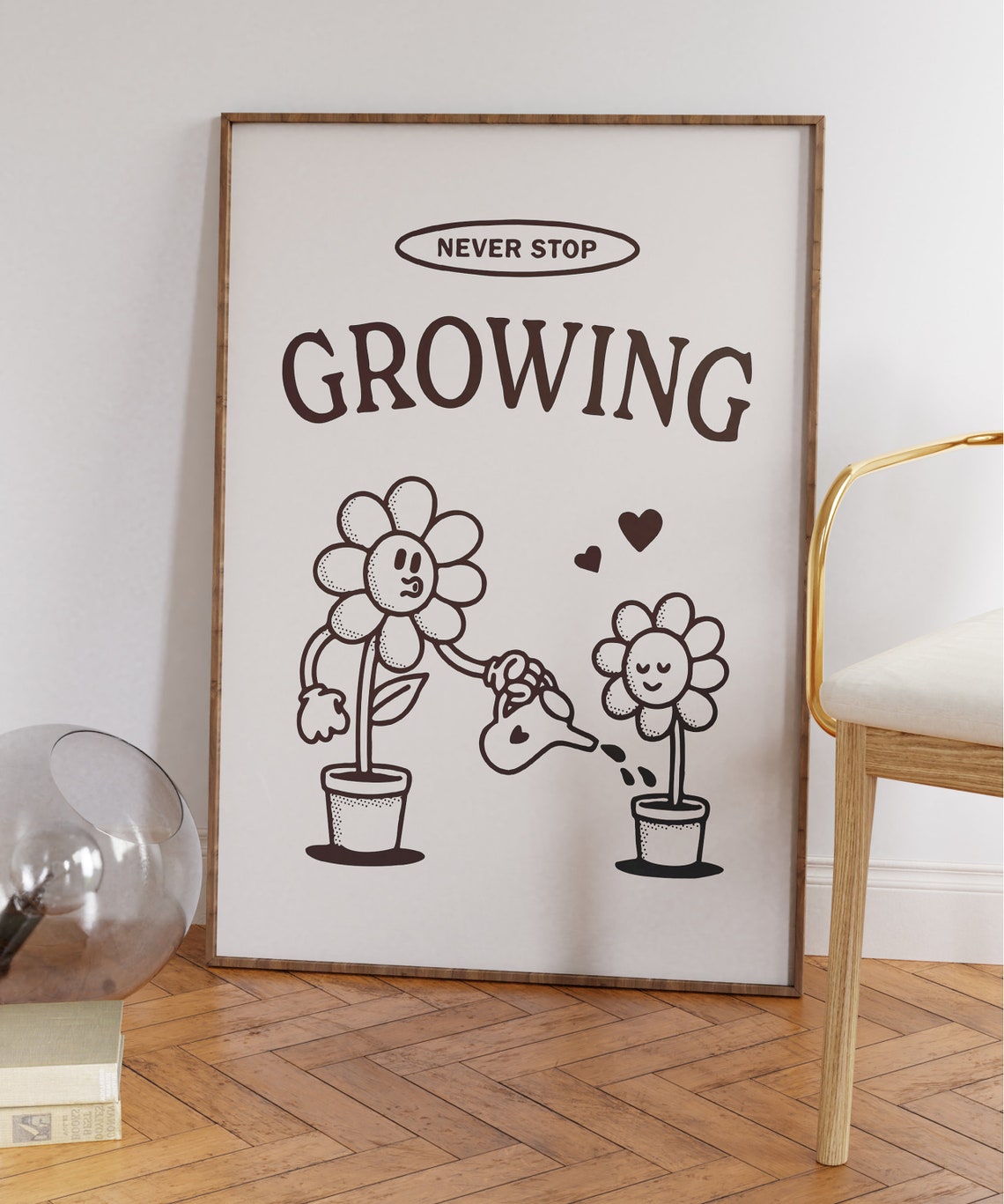 Never Stop Growing Retro Flower Friends Monochrome Quote Poster - Image 5