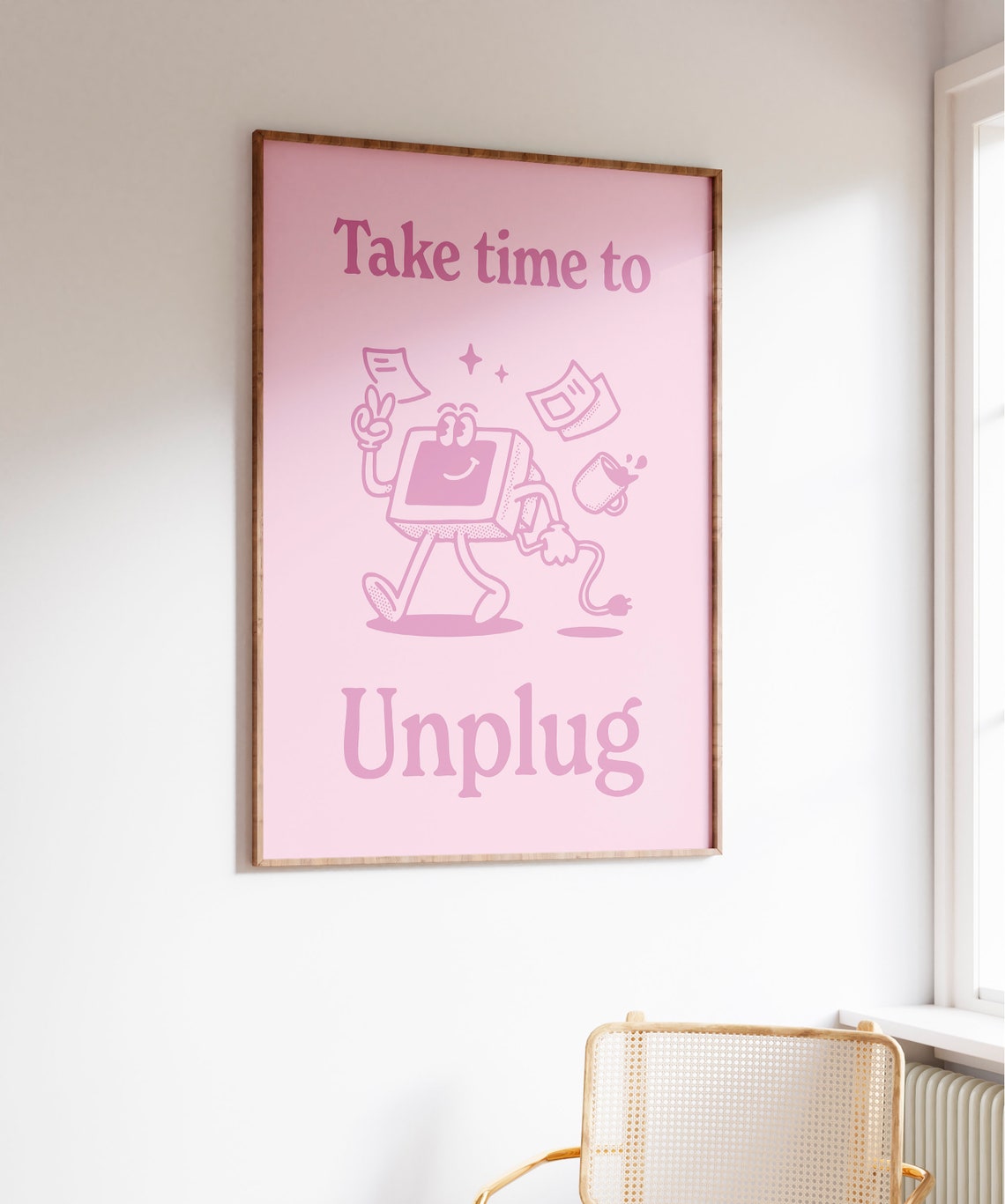 Take Time to Unplug Pink Retro Computer Mascot Self Care Poster - Image 3