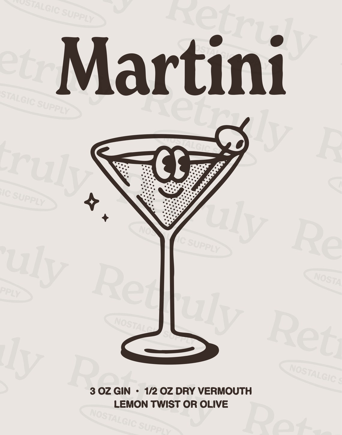 Retro Martini Cocktail Recipe Glass Illustration Black White Print - Image 2