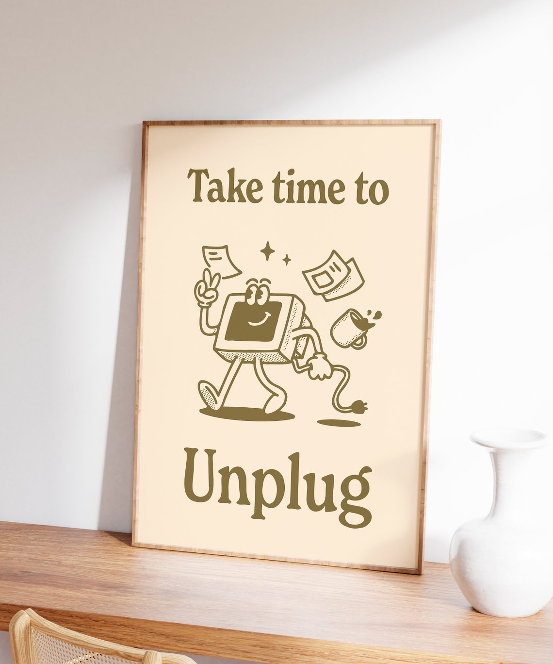 Take Time To Unplug Brown Retro Cartoon Computer Motivational Poster - Image 4