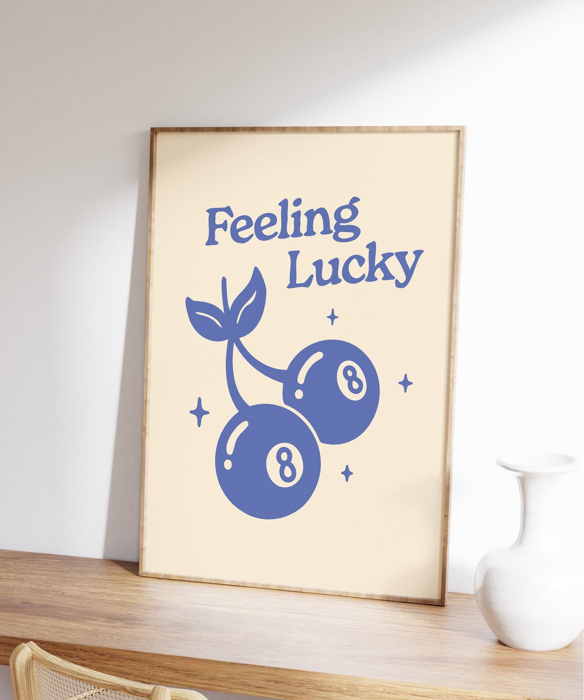 Feeling Lucky Blue 8-Ball Cherry Illustration Retro 70s Wall Art - Image 7
