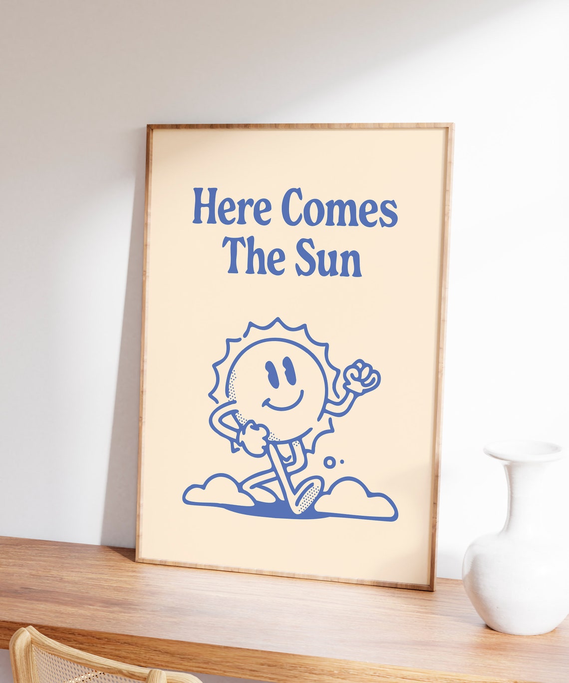 Here Comes The Sun Quote Retro Cartoon Blue Typography Wall Art - Image 6