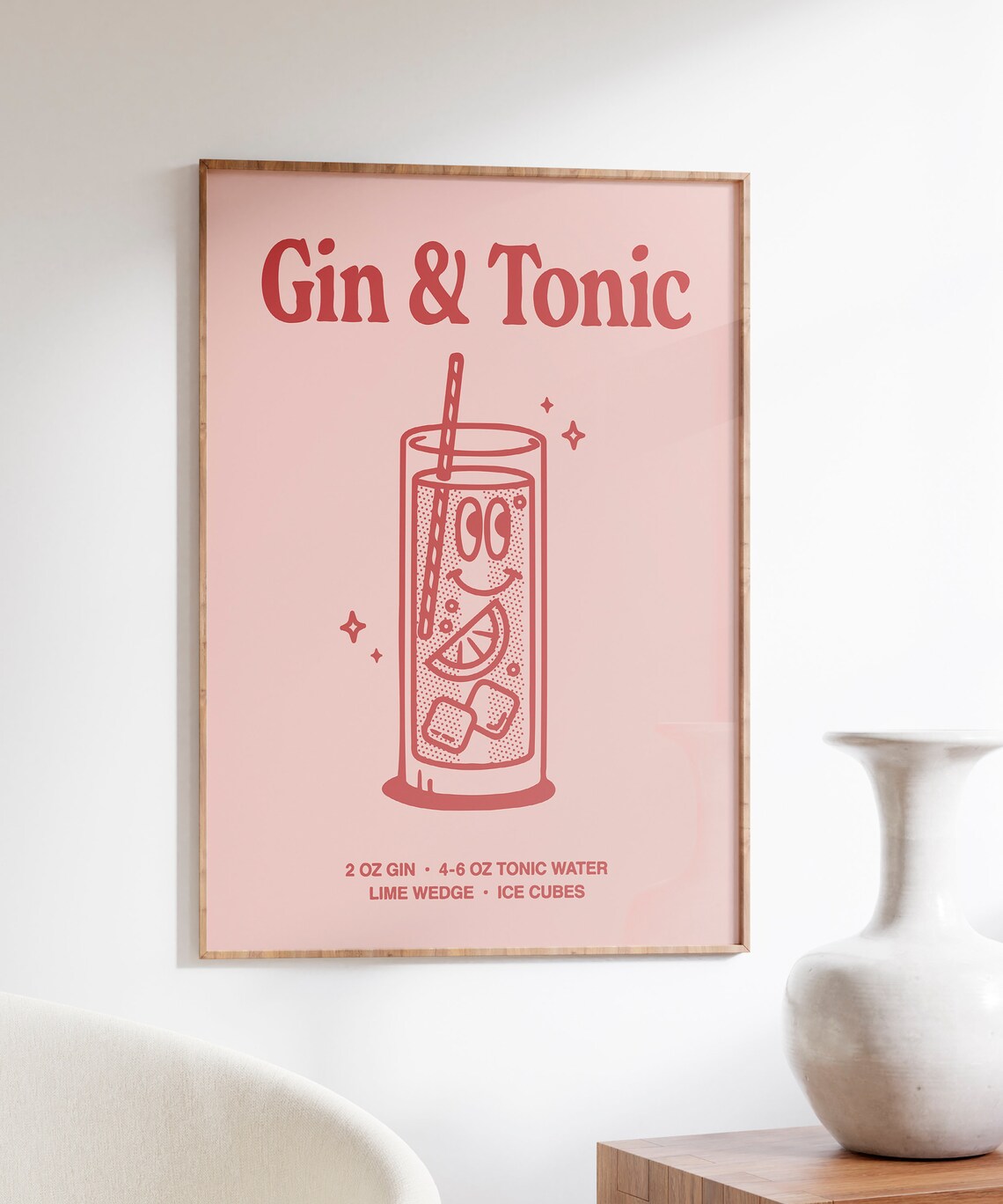 Gin And Tonic Recipe Retro Pink Cocktail Illustration Bar Cart Print - Image 5