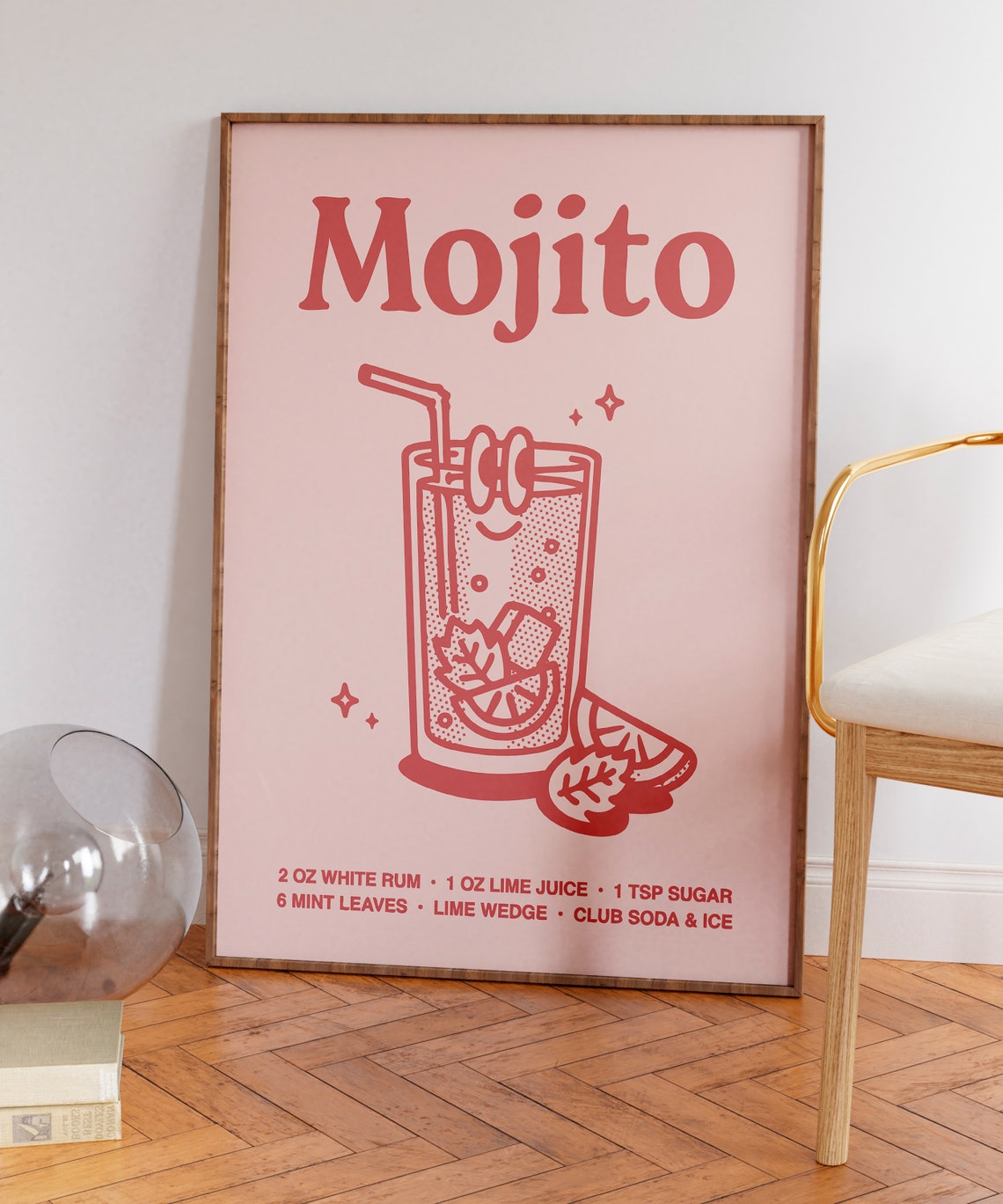 Mojito Cocktail Recipe Pink Line Art Kitchen Bar Cart Poster - Image 5