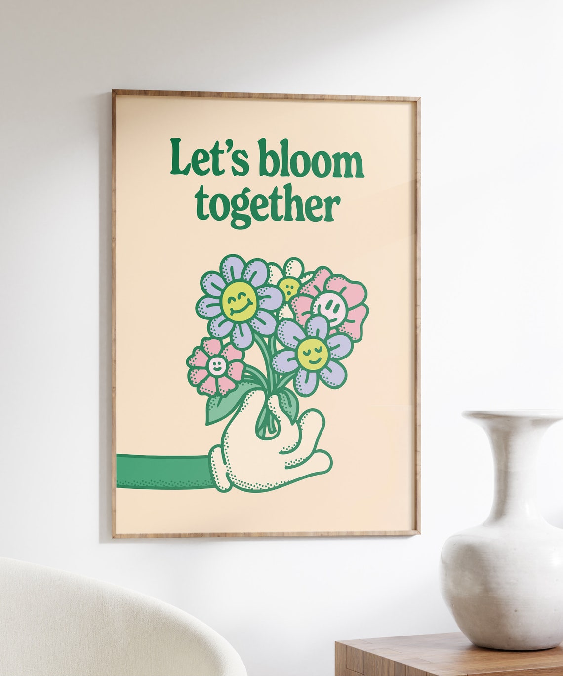 Let's Bloom Together Retro Smiling Flower Bouquet Wall Art Decor - Image 5