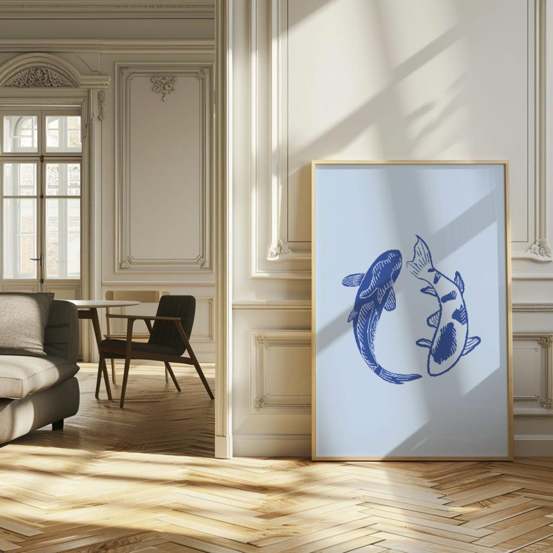 Blue Koi Fish Yin Yang Minimalist Japanese Style Bathroom Poster - Image 3