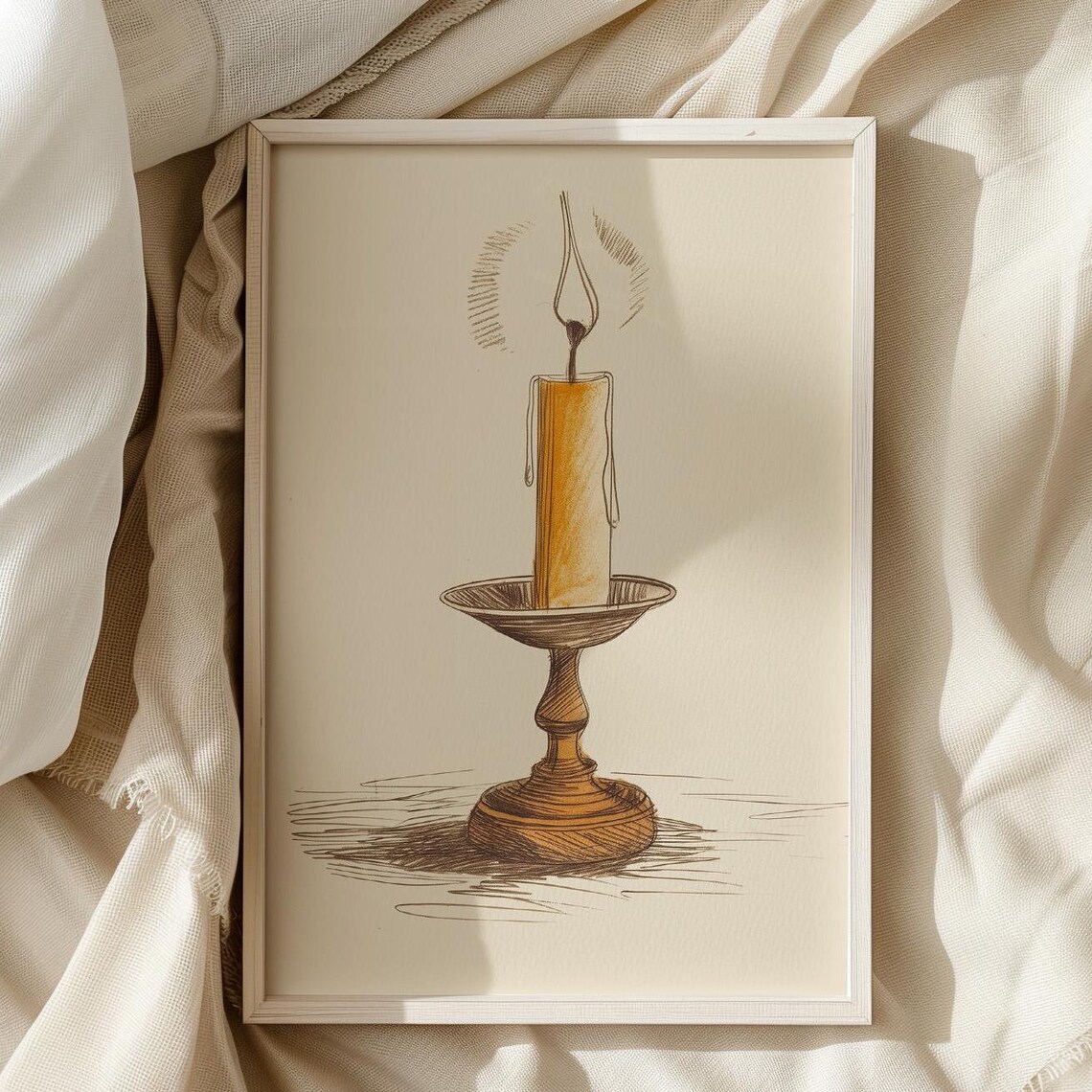 Hand Drawn Candle Sketch Warm Amber Glow Vintage Brass Candlestick Poster